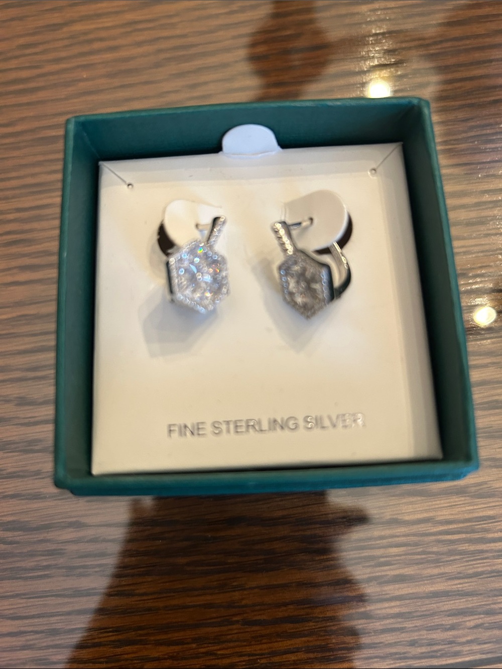 Sterling Silver Hexagon Cubic Zirconia Drop Earrings - Silver